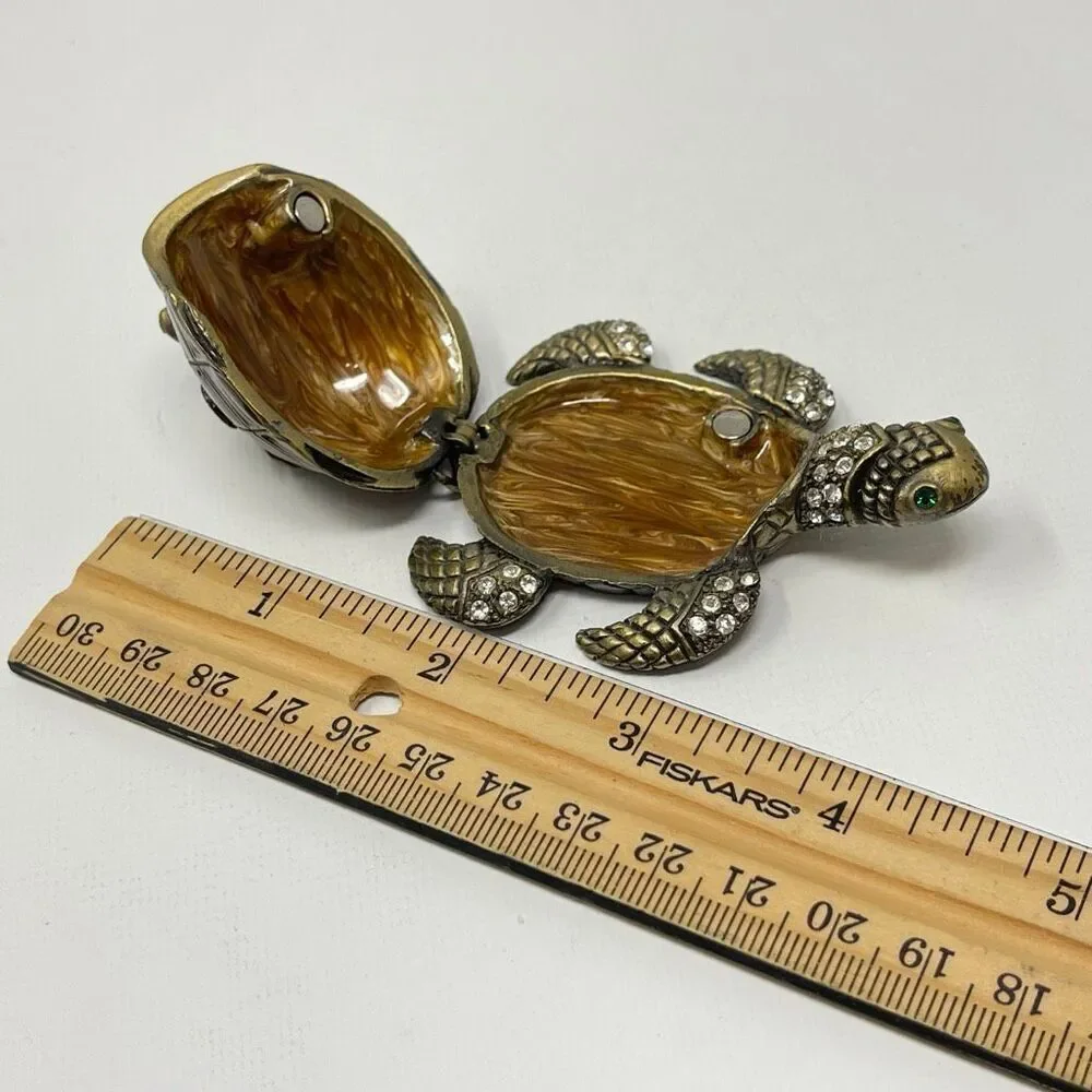 Sea Turtle & Baby Rhinestone Enamel Metal Trinket Pill Ring Box Hinged Magnetic